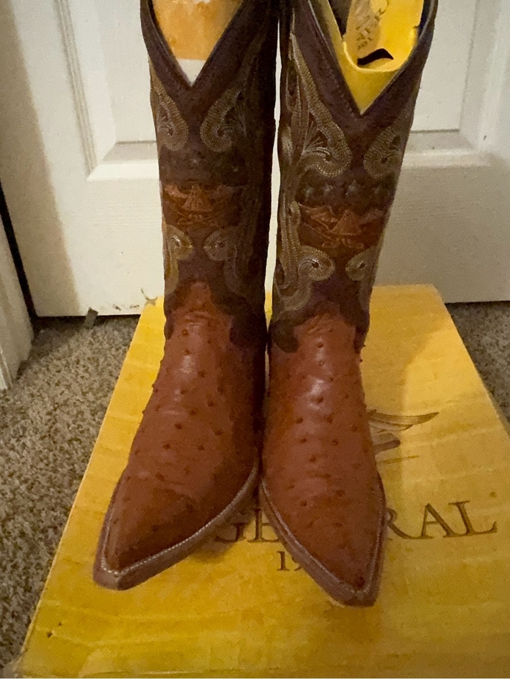 El General Brown Ostrich Leather Pointed Toe Heeled Boots